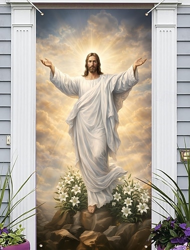  Oster-Türdekoration mit dem auferstandenen Jesus in strahlender Herrlichkeit, christliche Himmelsszene, perfekt für die Karwoche und als Osterdekoration im Freien.