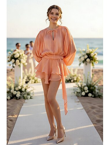  Duas Peças Linha A Curto Mini Vestido de convidada de casamento Vestidos para convidadas de casamento Elegante Diário Manga Longa Gola Redonda Baile de Formatura Formal com Pregas Franzido