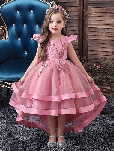  Bloemenmeisjesjurk Voor meisjes Formele kleding Trouwkleding Feest Bruiloft Formeel Modieus Aanbiddelijk Formeel Lapwerk Netstof Effen Kleur Mouwloos Strakke ronde hals Blozend Roze Rood 4 jaar +