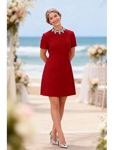  Linha A Curto Mini Vestido de formatura Vestido de convidada de casamento Vestidos para convidadas de casamento Elegante Vintage Diário Manga Curta Gola Redonda Baile de Formatura Casamento com