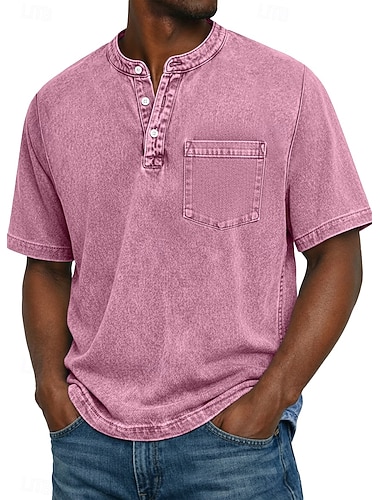  Herre Henly-skjorte 100% bomullssyre-vaskeskjorte T-skjorte T-skjorte Kortermet Ensfarget Retro / vintage Fritid Lomme Gammeldags stil Vasket Henley Avslappet Sommer Vår Høst Svart Rosa Lysegrønn