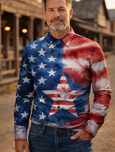  250-årsjubileum i USA Retro / vintage 1970erne قميص Aloha skjorte Lange Ermer Hippie Geometrisk Etnisk Kostyme Herre Maskerade 4. juli Fest Uavhengighetsdagen Voksne Trøye