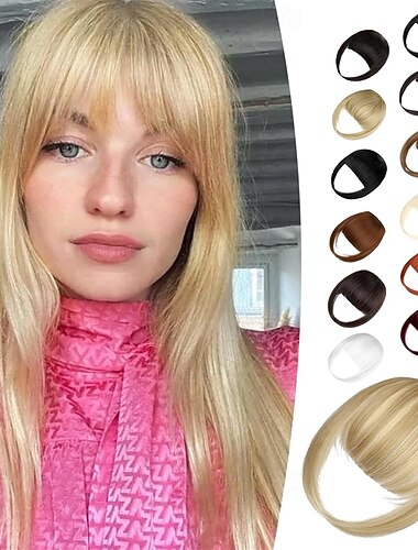  クリップ式前髪、ナチュラルなフェイク前髪のヘアクリップ、ライトブロンドミックスブリーチブロンドのフレンチ前髪、こめかみ付きフリンジ、女性用ヘアピース、毎日着用できる前髪用ヘアエクステンション