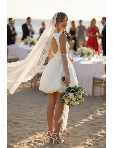  Robe de bal Ligne A Court Mini Robe Blanche Robes de mariée Robes pour enterrement de vie de jeune fille robe de mariée Petites Robes Blanches Sans manches Bretelles spaghetti Remise des Diplômes