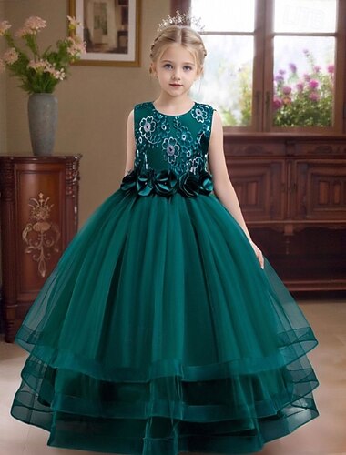  שמלה לנערת הפרחים  בנות שמלה פורמלית לבוש חתונה מפלגה חתונה רשמי אופנתי מקסים נסיכות טלאים רשת פרחוני ללא שרוולים צווארון עגול קצר ורוד מסמיק אודם 4 שנים +