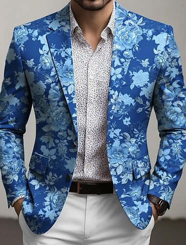  Herr Blomtryck Kavajjacka Kappa Mode Bekväm Andningsfunktion Artistisk Ledigt Dagligen Formell Festkvällskläder 3D-utskrift Knappar Flera fickor Höst vinter Vår Trubbig Långärmad Blå Purpur Ljusblå