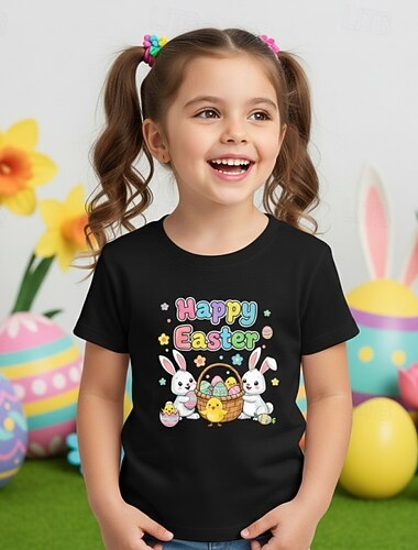  100% Coton Pâques Enfants Fille Bleu Noir Blanche Graphique Lapin T-shirt Col Rond Manche Courte Quotidien Extérieur Actif Streetwear Occasionnel Impression Été Printemps