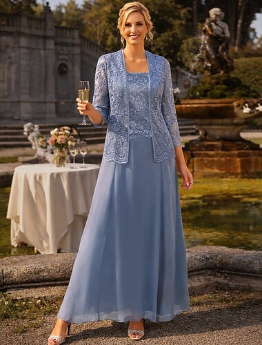  Jurk Sets Vloerlengte Bruiloft Gast Jurk Moeder van de Bruid Jurk Lange Mouwen Vierkante Hals Elegant Eenvoudige Bruiloft Gast met Effen Kleur