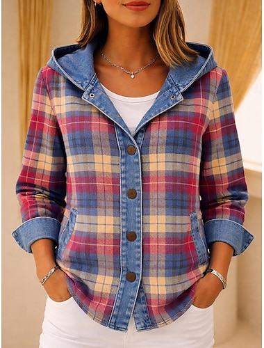  Dame Uformell jakke Hettegenser Hold Varm Bekvem Glidelås Lomme Knapper Fritid Ruter utendørs Feriereise Dagligdagstøy Ut på byen Normal Med hette Løstsittende Langermet Yttertøy Rød Høst Vinter