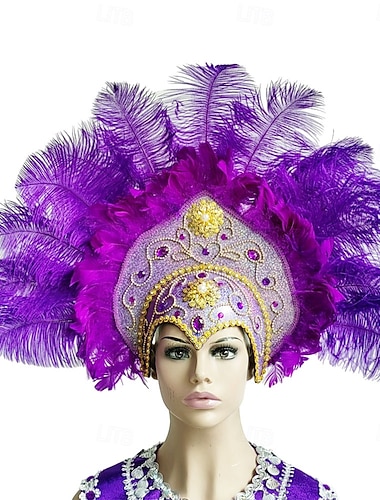  Carnaval 2026, Río, accesorios de samba, tocado de plumas moradas de lujo, disfraz de actuación para festivales de Brasil