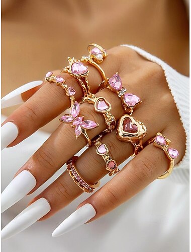  女性用合金ハート＆バタフライリングセット、ゴールド＆シルバー、複数個セット、バレンタインデーのギフトや普段使いに最適