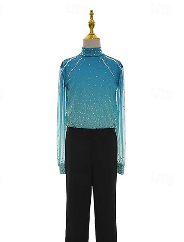  Kunstschaatstopje Voor heren Schaatsen Tops Blauw Lapwerk Hoge Elasticiteit Opleiding Wedstrijd Kunstschaatskleding Klassiek Kristal / Bergkristal Lange mouw Schaatsen Kunstschaatsen