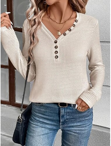  Dames Blouse Knop Effen Kleur Stijlvol Casual Lange mouw V-hals Normale tops Dagelijks Zwart Wit Fuchsia Khaki Lente Herfst Winter