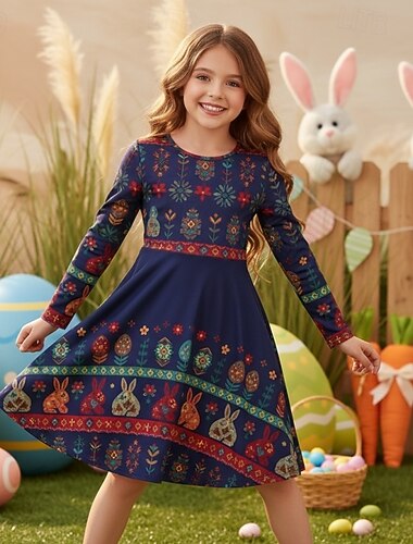  Páscoa Meninas 3D Gráfico Coelho Vestido Manga Longa Impressão 3D Primavera Outono Diário Férias Festa Casual Princesa Lindo Infantil 4-12 anos Vestido casual Vestido A Line Altura dos Joelhos Normal
