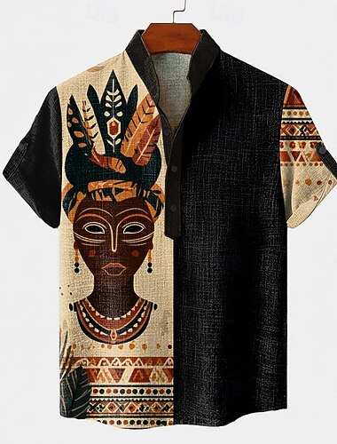  Herre Etikk / afrikansk Urfolk Skjorte Skjorte med knapp ned Kortermet Vintage retro Ferie Fritid / hverdag Sommer Vår Opprett krage Henley krage 3D-utskrift Lin som skjorte Mørk kaki Svart Grønn