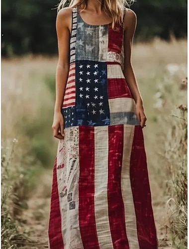  Día de la Independencia Mujer Vestido largo maxi Vestido informal Vestido lencero Moda Básico Moderno Diario Exterior Playa Holgado Bandera estadounidense Sin Mangas Cuello Barco Rojo Verano Primavera