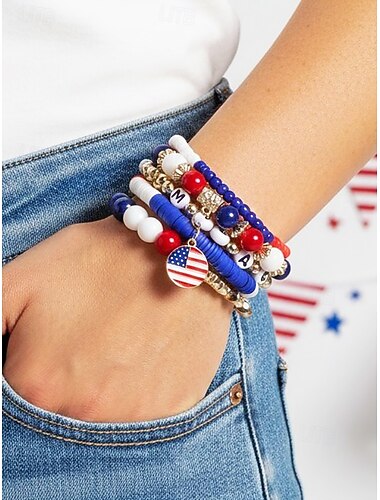  Verenigde Staten 250ste Verjaardag Vrouwen Meelaags Armband Set – Legering Materiaal met Verschillende Charms Perfect voor Onafhankelijkheidsdag en VS Vieringen