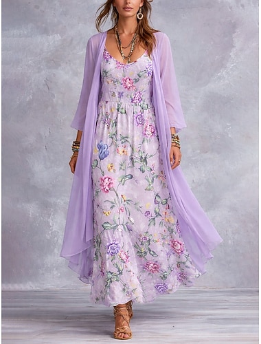  Damen Kleid-Set A Linie Kleid Urlaub Boho Blumen Grafik Geschichtet Druck Maxikleid Dreiviertelarm V Ausschnitt Strand Blau Rosa Purpur Sommer Frühling Normale Passform
