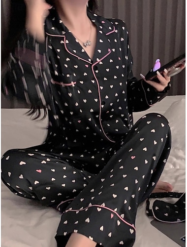  Dam Pyjamas set Ledigt Komfort Hjärta Grafisk Leopard Elastisk midja Byxa Dagligen Hem Långärmad Kavajslag Blå Svart Rodnande Rosa Fuchsia Regnbåge Sommar Vår Lös passning