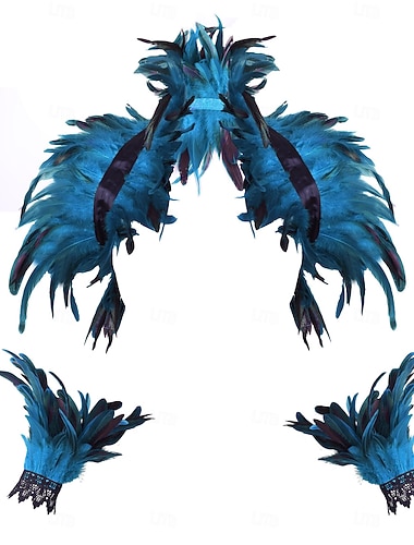  Karneval 2026 Rio Karneval Samba Tilbehør 3Pcs Kvinne Teal Fjær Kostymesett Fjær Vinge Ryggsekk  Blonde Håndleddsmanchetter Brasil Festivalopplevelse Kostyme