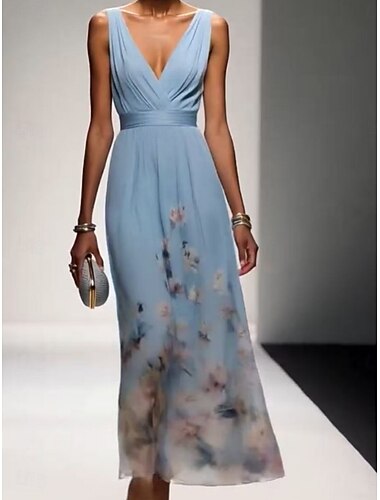  Per donna Abito maxi Vestito Casual Vestito in Chiffon Elegante Moda Moderno All'aperto Vacanza Uscire Vestibilità regolare Floreale Senza Maniche Scollo a V Blu Rosa Viola Verde Estate Primavera