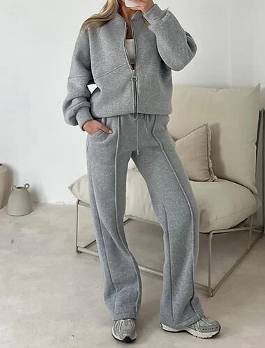  Mulheres Moletom Conjuntos de calças Bolero Top Manga Longa Colarinho Chinês Tecido Zíper Moda Roupa de rua Casual Diário Ao ar livre Verde Tropa Verde Escuro Marron Verão Normal