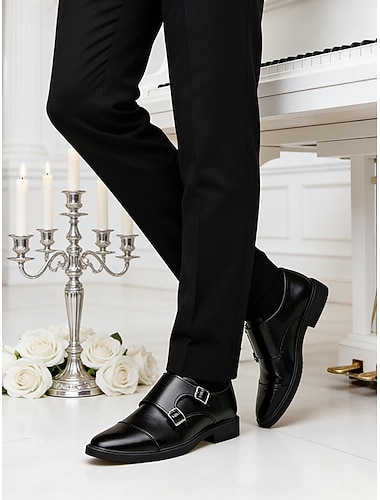  Chaussures habillées pour hommes en similicuir noir brillant à double boucle – des chaussures élégantes et raffinées pour les affaires, les mariages et les occasions spéciales.