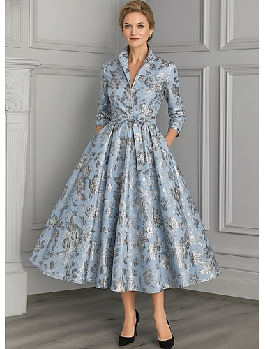  A-linje Ankellengde Gjestekjole til bryllup Formell kjole Aftenkjole Kjole til brudens mor 3/4 ermer Knaphul Elegant Årgang Formell Spandex med Belte / bånd Sløyfe(r)