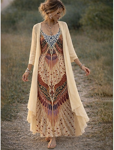  Damen Kleider-Set Maxi-Kleid A-Linie Kleid Urlaub Grafik Paisley Schichtdruck 3/4-Länge Ärmel V-Ausschnitt Täglich Urlaub Rot Lila Beige Sommer Frühling Reguläre Passform