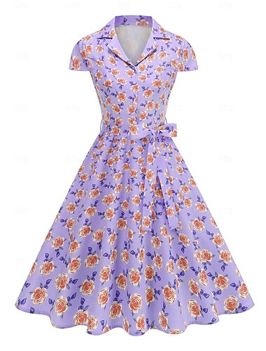  1950-luku Hepburn Retro / vintage Keskipäivä A-Line-mekko Swing -mekko Flare mekko Lyhyet hihat Kukka A-linja Naamiaispuku Naisten Karnevaali Ystävänpäivä Naamiaiset Loma Arkikäyttö Tyttöjen polttarit