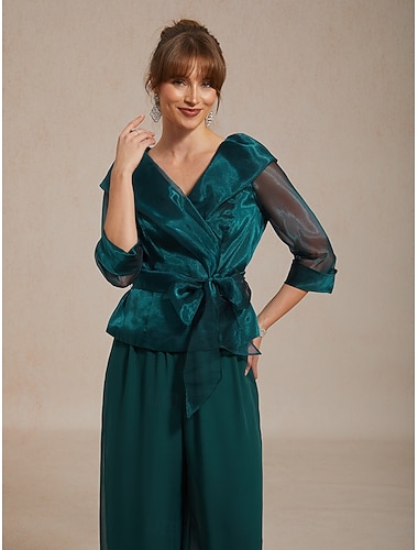  בגדי ריקוד נשים חולצות שמלות קשירה קדמית אשליה אלגנטית שרוול 4\3 צווארון V צווארון חולצה חולצות רגילות אורחת חתונה לבוש קוקטייל ירוק אזמרגד קיץ אביב סתיו