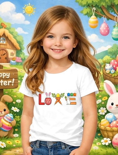  Ostern Mädchen 3D Grafik Kaninchen T-Shirt Kurzarm 3D-Druck Sommer Frühling Sport Mode Streetwear Kinder 4-12 Jahre Rundhalsausschnitt Lässig Täglich Outdoor Normale Passform