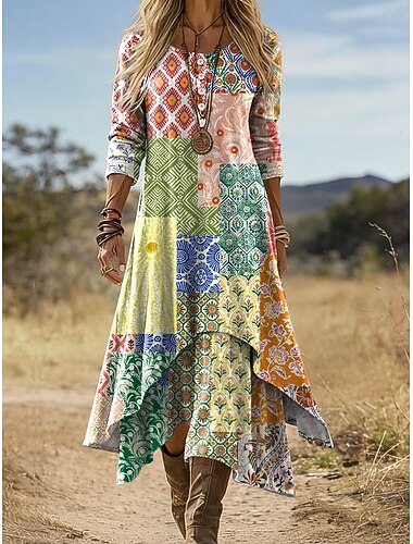  Dames Midi Jurk Boho Shift Jurk Vakantie Casual Dagelijks Vakantie Losse Pasvorm Grafisch Geometrisch Paisley Lange Mouw Crew Neck Lichtgeel Lichtgroen Fuchsia Bruin Zomer Lente Fall