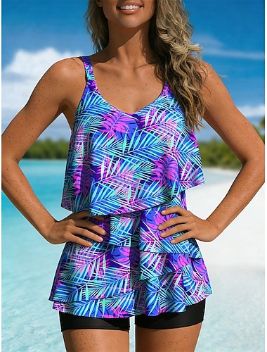  Femmes Maillots de Bain Tankini 2 pièces Taille haute Maillot de bain Contrôle du ventre Taille haute Mince Dos nu Vacances Tenues de plage Tropical Col en U Sans manches Maillots de bain