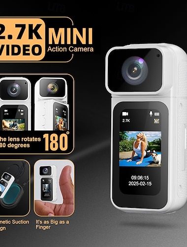  2,7k wifi mini kroppskamera, POV-kamera med 180 graders roterende linse, mini sportskamera med 1,47" HD-skjermvisualiseringsfotografering for daglig opptak av sykkelsykling &kjæledyrlufting