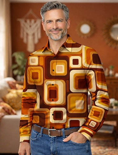  Rétro Vintage Années 1970 Chemise Chemise Aloha Manches longues Hippie Géométrique Ethnique Déguisement Homme Mascarade Festival de Musique Soirée Tenue quotidienne Adulte Chemise