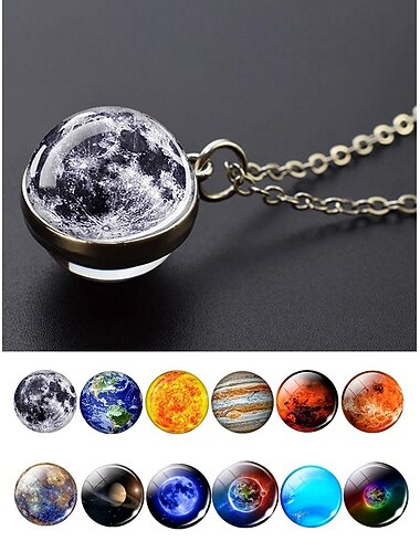 Collar con colgante de planeta para hombre, joyería de cúpula de aleación y vidrio, múltiples diseños del sistema solar, estilo cósmico minimalista para uso casual diario y para regalar.