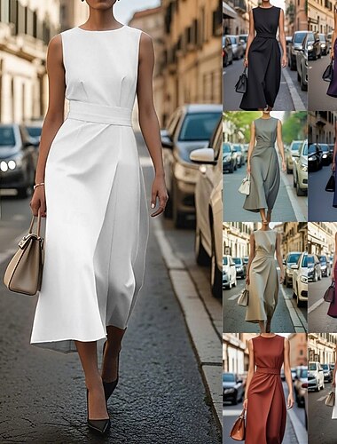  בגדי ריקוד נשים שמלת מידי שמלה לבנה השמלה המפלגה שמלת קוקטייל שמלה עם כיווץ במותן אלגנטית אופנתי מודרני מִשׂרָד מפלגה מסיבת קוקטייל רגיל אחיד ללא שרוולים צווארון V שחור לבן אודם כחול נייבי