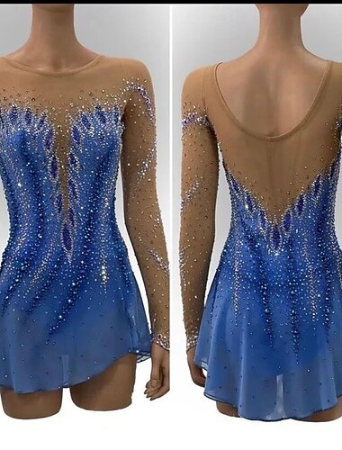  שמלה להחלקה אמנותית בגדי ריקוד נשים החלקה על הקרח שמלות כחול טלאים מכפלת א-סימטרית סטרצ'י (נמתח) הדרכה תחרות ביגוד להחלקה על הקרח קלאסי קריסטלים / אבנים נוצצות שרוול ארוך החלקה על קרח החלקה אמנותית