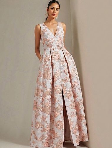  A-linje Gulvlengde Formell kjole Kveldskjoler Ballkjole Formell kjole Elegant Høy splittelse Ermeløs V-hals Hage fest Bryllup Jacquard med Spalte