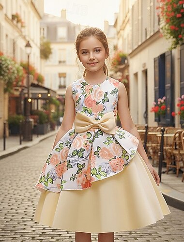  فستان حاملات الأزهار للفتيات الزي الرسمي ملابس الزفاف مناسب للحفلات زفاف رسمي بديع أميرة حلو بقع ورد بدون كم رقبة العمل أزرق شامبانيا 4 سنوات +