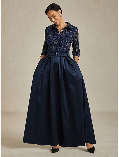  Dames Maxi-jurk A lijn jurk Fit And Flare-jurk Elegant Feest Formeel Avond Feest Paisley 3/4 mouw Overhemdkraag Marineblauw