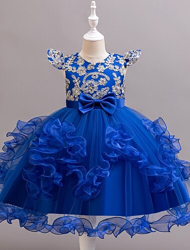  Brudnäbbsklänning Flickor Högtidlig klänning Bröllopskläder Fest Bröllop Formell Mode Förtjusande Prinsessa Lappverk Broderad Blommig Ärmlös V-hals Blå Champagne 4 år +