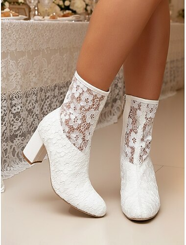  Ivoorwitte kanten enkellaarsjes met blokhak voor dames, elegante bruidslaarsjes voor een moderne stadsbruiloft