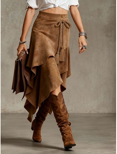  Damen Rock aus Wildlederimitat Bohemien Vintage Mode Maxi Mittlere Taille Röcke Geschichtet Unelastisch Täglich Urlaub Leicht Braun Braun Sommer Velourleder