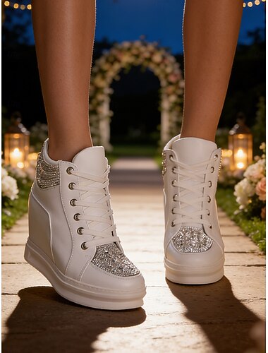  נעלי סניקרס לכלה בצבע לבן שנהב לנשים, נעלי כלה עם טריז נוצצות לטקס גן חיצוני