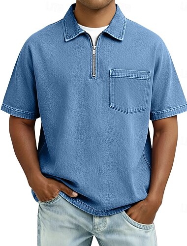  Homme Polo en Coton Chemise de golf Tenue quotidienne Date Zip quart Manche Courte Mode Basique Uni Fermeture éclair Avec Poches Été Printemps Printemps & Été Coupe régulière Vert Armée Noir Rose