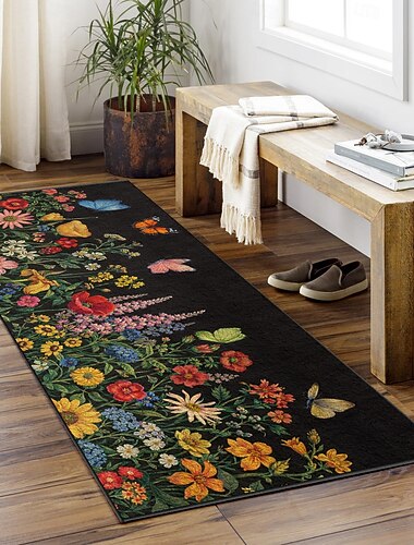  Runner Rug Dark Background with Colorful Flowers and Butterflies Long Decorative Hallway Accent Mat
