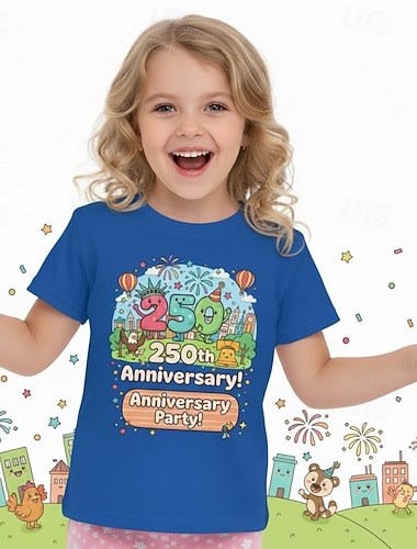  Dla dziewczynek 3D Graficzny 250. rocznica Podkoszulek T-shirt Krótki rękaw Druk 3D Lato Wiosna Sport Moda Moda miejska Dzieci 4-12 lat Półgolf Codzienny Na zewnątrz Regularny