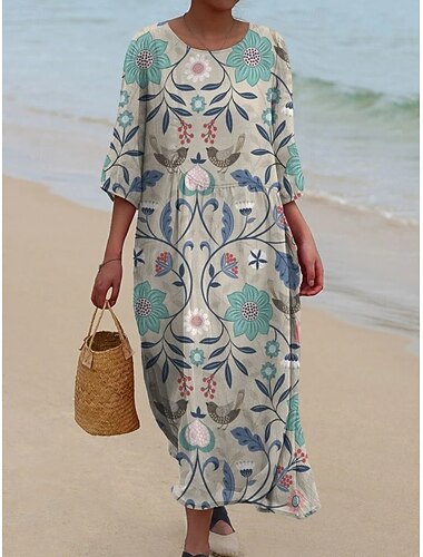  Robe maxi en lin pour femmes légère respirante robe d'été robe shift robe en A vacances décontractée boho plage sortie florale à manches 3/4 col rond bleu blanc vert été printemps